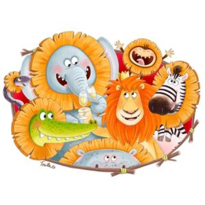 Ilustrace safari, kde všechna zvířátka jsou převlečená za lva